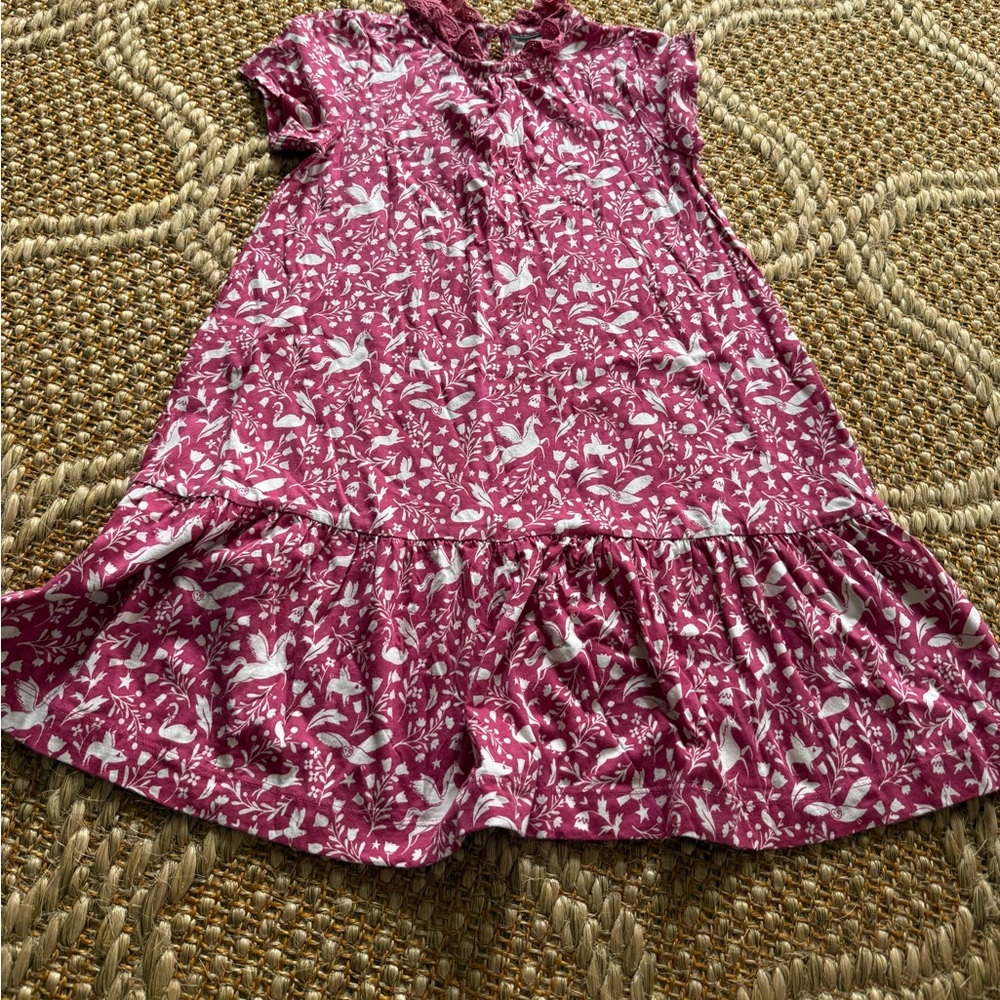 Girls Mini Boden Floral Bird Bunny Print Ruffle Hem Dress - Berry Pink size 9-10